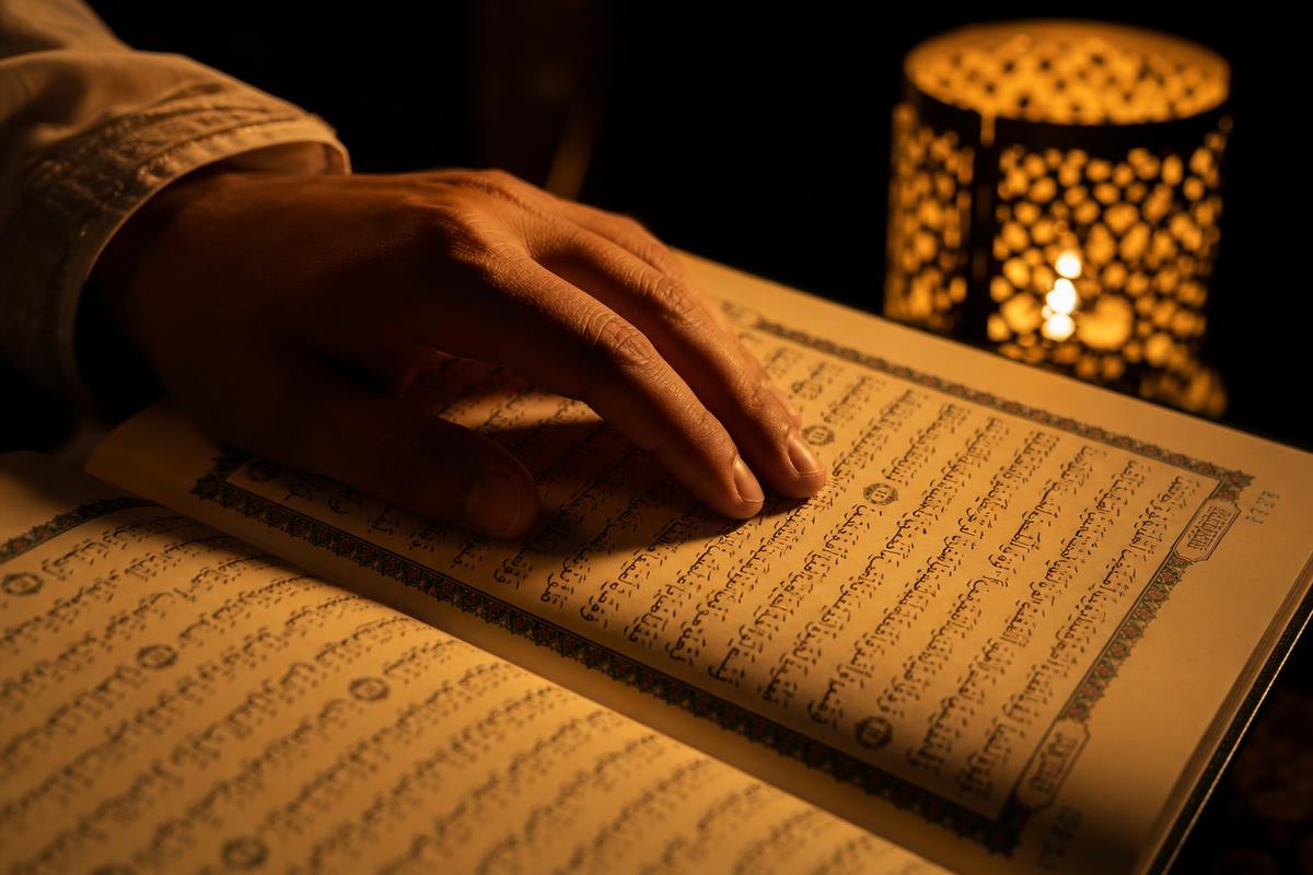 A hand resting on an open Quran in warm candlelight